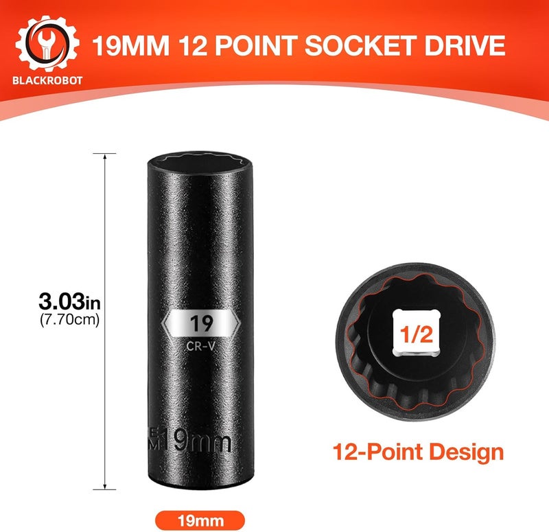 BLACKROBOT 19 mm 12-Point Deep Impact Socket, 1/2 Inch Drive, Metric, Cr-V Steel With Black Manganese Phosphate Coating - Image 2